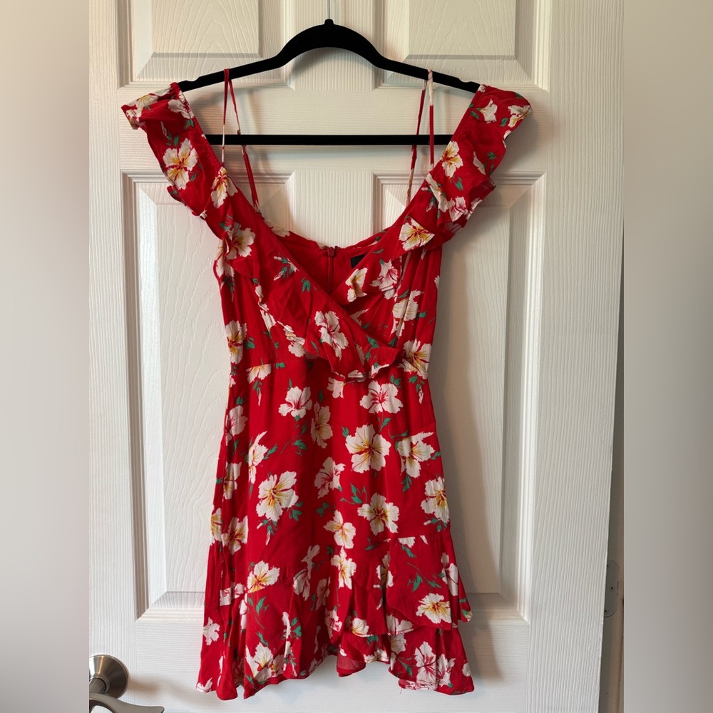 Majorelle Floral Red Dress with Ruffle Details